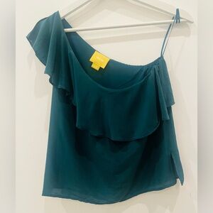 Anthropologie Maeve Green Silk One Shoulder Ruffle Top size 00